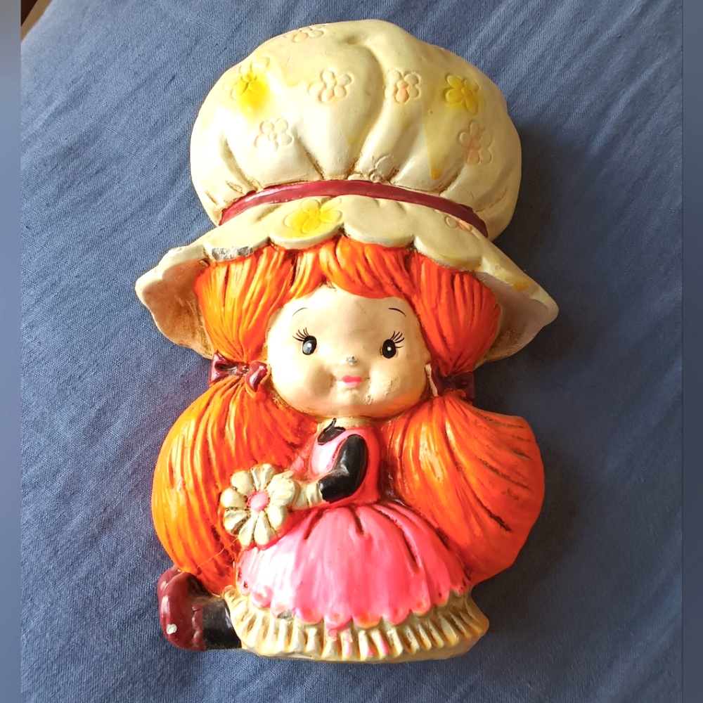 Vintage 1971 Bonnet Girl Piggy Bank Berries Signed Made in Japan Super Cute